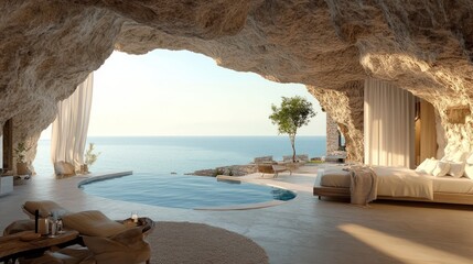 Obraz premium Luxurious cave suite with infinity pool and ocean view.