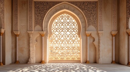 Obraz premium Elegant Islamic Architecture Featuring Intricate Stonework And A Sunlit Archway