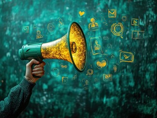 A hand holds a megaphone emitting glowing icons representing communication and social media.