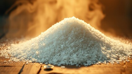 A pile of coarse white salt crystals illuminated by a warm glow with a hazy background.