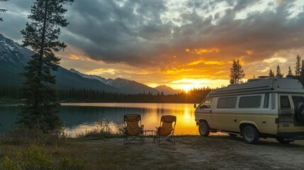 Sunset view from lakeside campsite with campervan.
