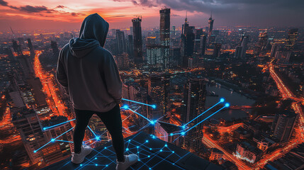 Fototapeta premium Hacker are planning to hack and attack networks and cyber security systems. Smart digital city with connection cyber security network reciprocity over the cityscape .
