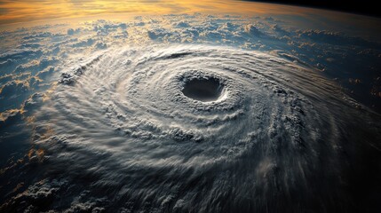 Hurricane eye over Earth at sunset, space view.