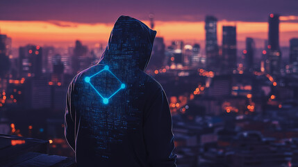 Hacker are planning to hack and attack networks and cyber security systems. Smart digital city with connection cyber security network reciprocity over the cityscape .