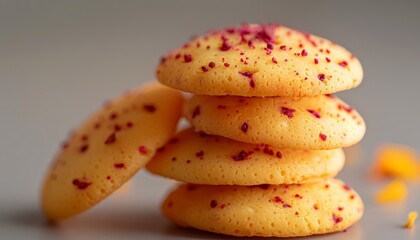Close up of a stack of four yellow cookies with red sprinkles on a gray background.