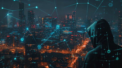 Hacker are planning to hack and attack networks and cyber security systems. Smart digital city with connection cyber security network reciprocity over the cityscape .
