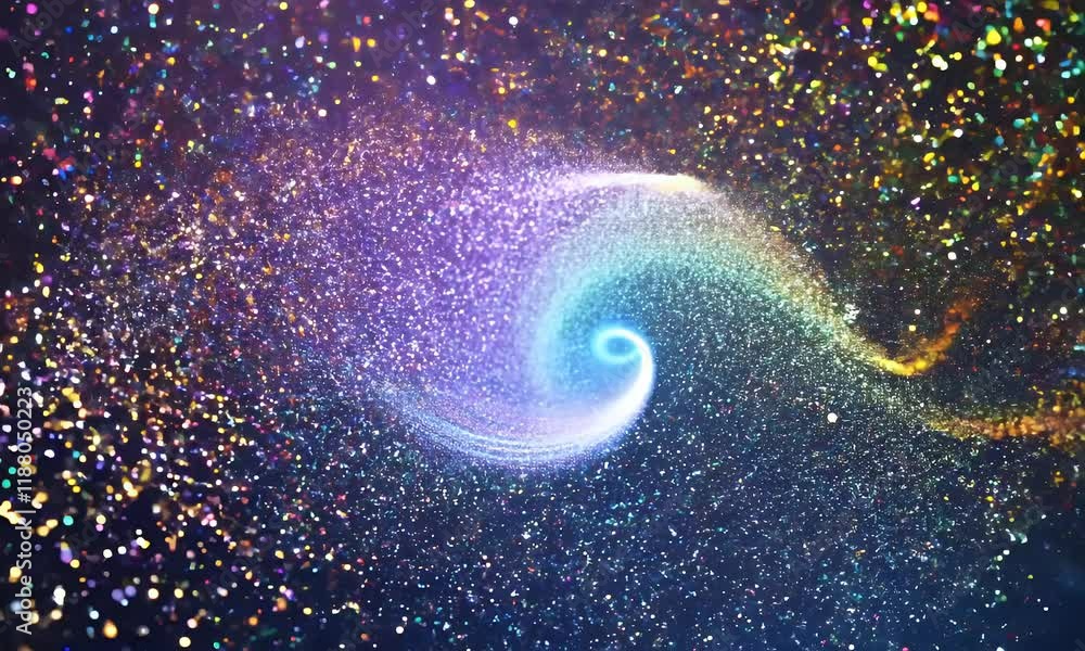 Poster a mesmerizing abstract animation featuring glowing particles and dust in vibrant colors, creating a 