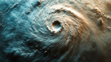 Hurricane eye over swirling ocean, aerial view of intense storm.