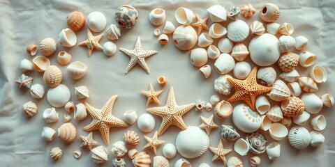 A delicate arrangement of seashells and starfish creates a captivating display of natural beauty on a soft beige background.