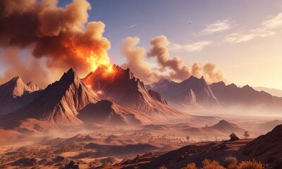 Desert mountain range with intense fire and smoke , flames, ash