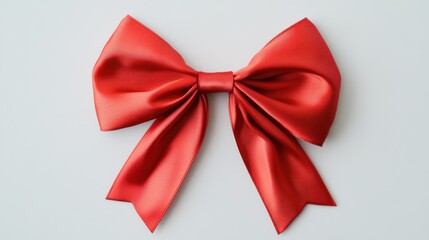 Naklejka premium A decorative red satin ribbon bow with vibrant color and a shiny texture, placed flat on a clean white background.