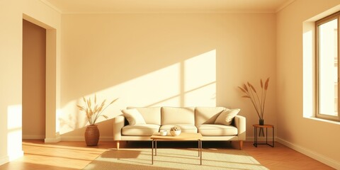 Sunlight streams through a window, illuminating a minimalist living room with a beige couch, wooden coffee table, and dried grass arrangements in wicker vases.