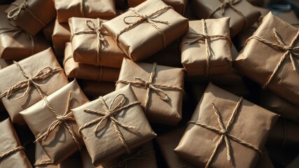 Rustic Brown Paper Packages Tied with Twine, a Pile of Simple Gifts, Representing the Joy of Giving and Receiving