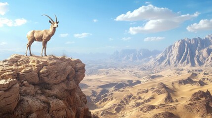 Obraz premium A desert panorama featuring a Nubian ibex standing tall on a cliff in Oman, with rugged peaks and sandy valleys in the distance.