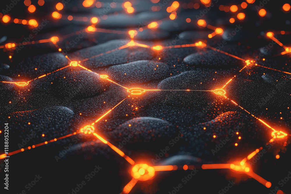 Poster close up of a black surface with orange lights illuminating the texture and creating a striking cont