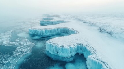 Icy arctic coast, melting glaciers, foggy sky.