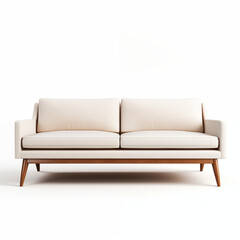 Fototapeta premium Beige MidCentury Modern Sofa Wooden Legs Isolated White Background