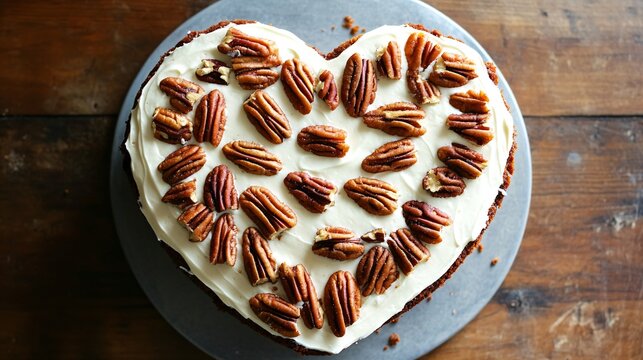 A heart-shaped carrot cake with cream cheese frosting and a garnish of candied pecans