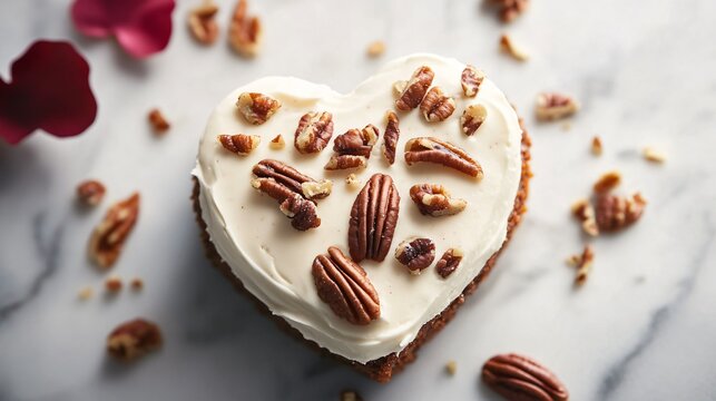 A heart-shaped carrot cake with cream cheese frosting and a garnish of candied pecans