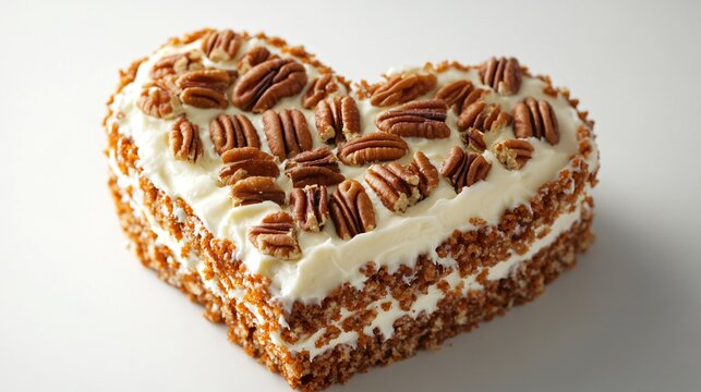 A heart-shaped carrot cake with cream cheese frosting and a garnish of candied pecans