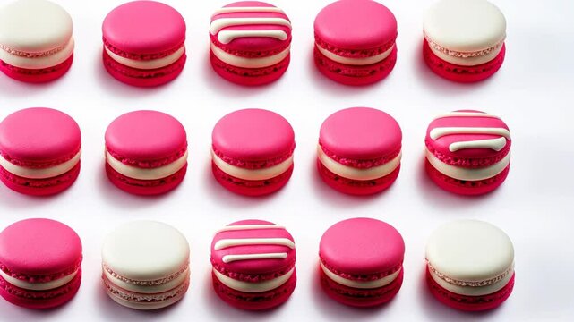 Colorful assortment of pink and white macarons arranged neatly on a white background showcasing their delicate designs and textures
