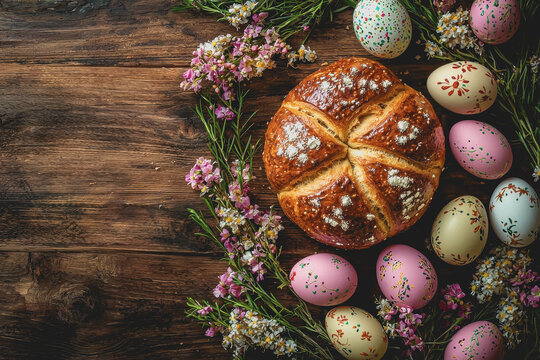 Wooden table decorated with colorful flowers and easter eggs for celebrating springtime and seasonal festivities in a cozy setting with natural elements and rustic charm