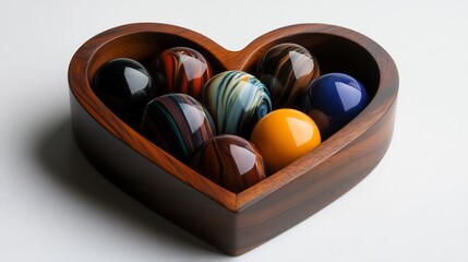 Heart-Shaped Wooden Bowl Filled with Colorful Glass Marbles