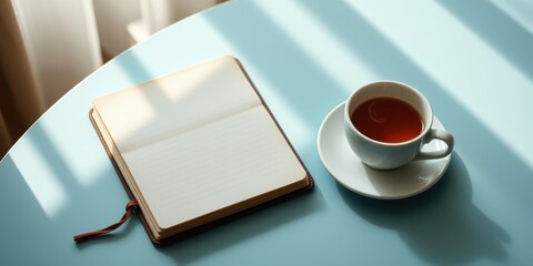 A blank notebook and a cup of tea on a blue table with sunlight streaming in.