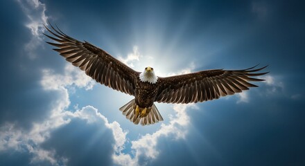 Obraz premium Majestic Bald eagle soaring high in sky with outstretched wings symbolizing strength and hope found in the Lord