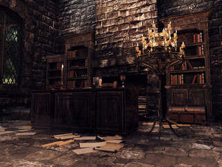 Fantasy medieval office with a wooden desk, bookshelves, candles and scrolls. 3D render. Made from 3d resources and painted elements. No AI used. 