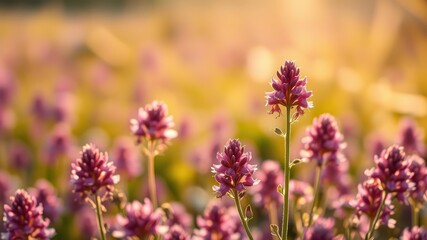 Delicate Purple Flowers Bathed in Golden Sunlight, A Burst of Color in a Field of Green