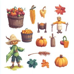 Adorable Scarecrow Autumn Harvest Illustration with Pumpkins Corn