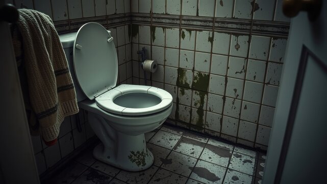 A solitary, aged toilet sits in a dingy bathroom with peeling tiles and a stained floor, its porcelain surface reflecting the gloom of the room.