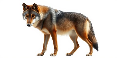 Obraz premium A lone wolf stands with its fur aglow, the soft light highlighting its powerful physique and piercing gaze.
