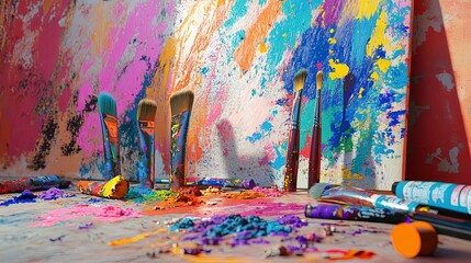 Vibrant Paintbrushes Resting on a Colorful Abstract Canvas