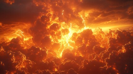 Lightning strikes fiery sunset clouds during aerial storm.