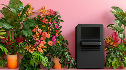 Pink studio, tropical plants, flowers, black appliance, product display