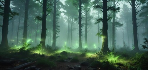Foggy forest with glowing green sparks emanating from trees, forest, sparkles