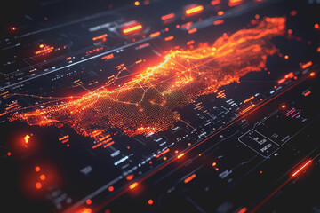 World map illuminated with red glow geographical features highlighted global representation modern design cartography vibrant colors travel concept digital art for background use