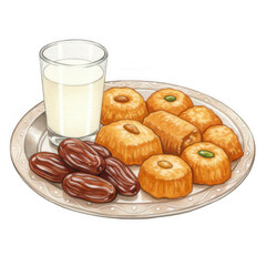 Delicious Traditional Sweets and Dates with Milk on a Plate Transparent Background Food Photography Indoor Close-Up