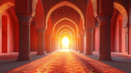 Sunlit Corridor in an Ornate Red Palace