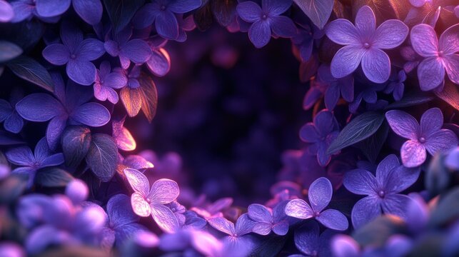 Purple flowers in a circle frame, dark background, for design use.