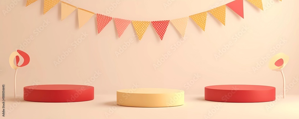 Aufkleber 3 vector red, yellow and beige podiums with round shape for display products in the middle of each s