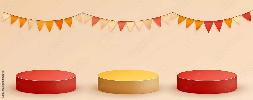 Poster 3 vector red, yellow and beige podiums with round shape for display products in the middle of each s