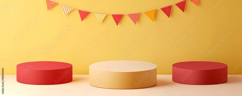 Poster 3 vector red, yellow and beige podiums with round shape for display products in the middle of each s