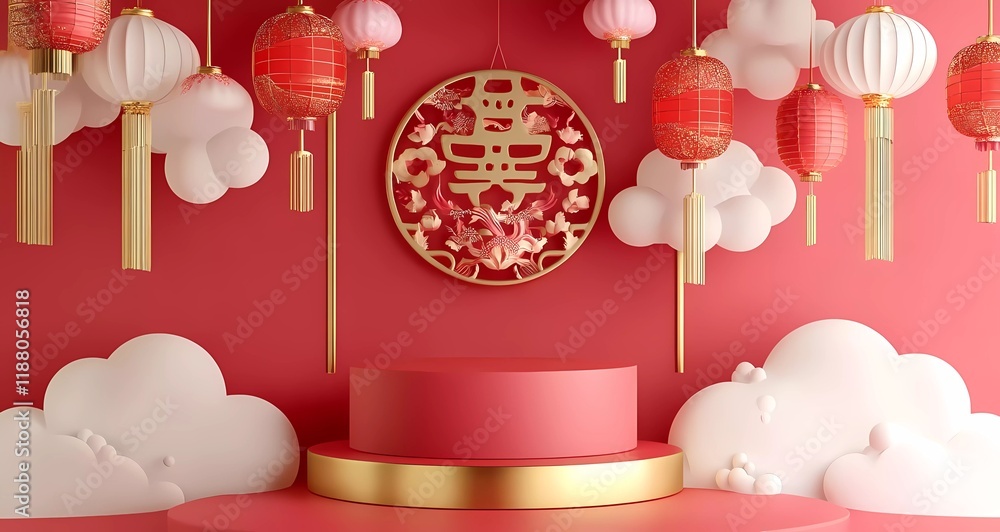 Poster 3d rendering vector background with a podium scene for product presentation in the chinese new year 