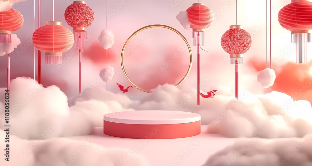 Poster 3d rendering vector background with a podium scene for product presentation in the chinese new year 
