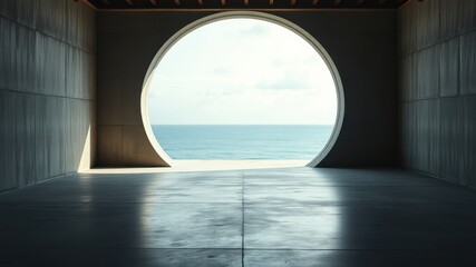 A circular window in a concrete room frames a panoramic view of the horizon, where a serene ocean stretches into the distance, bathed in the soft glow of the sky.