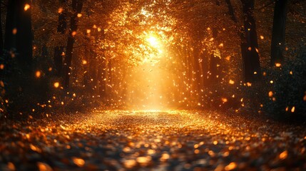Autumn forest path with golden leaves, leaving room for text in the sky above