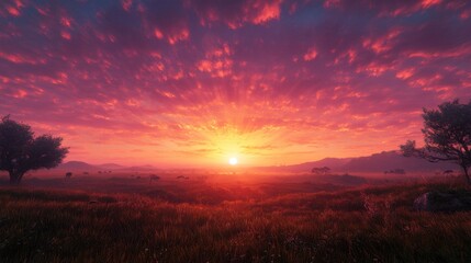 Fototapeta premium A dramatic sunrise over the Serengeti, with the suns rays breaking through scattered clouds, lighting up the savannah.